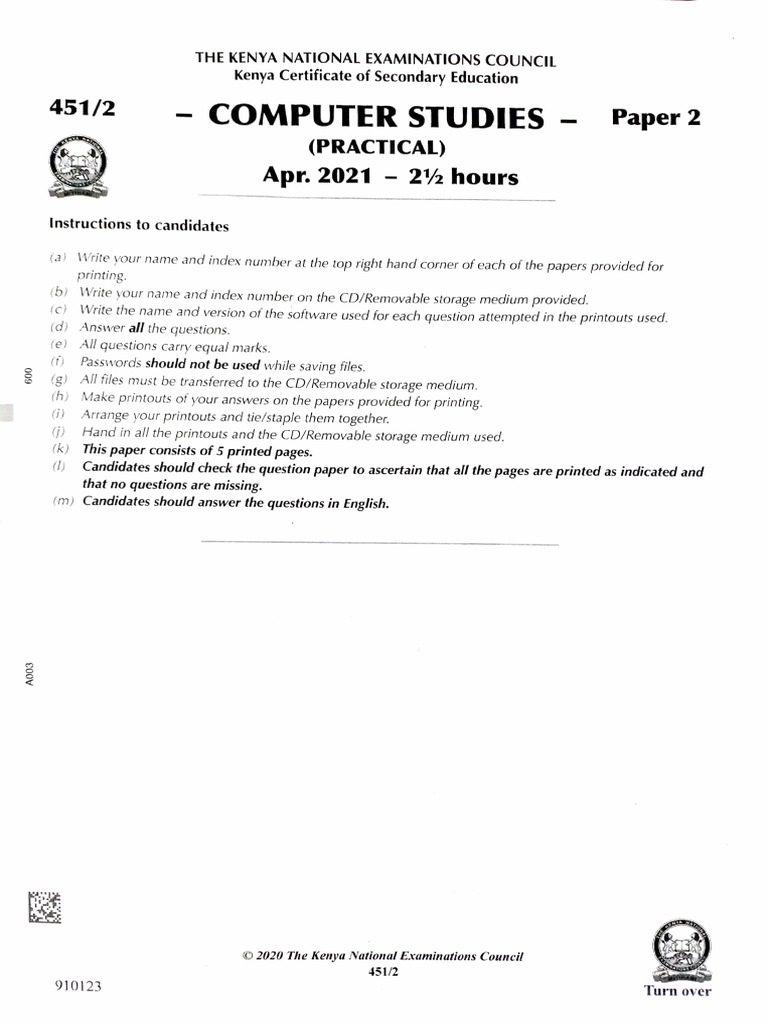 Computer Studies Paper 2: 451/2 (Practical) Hours | PDF | Worksheet ...