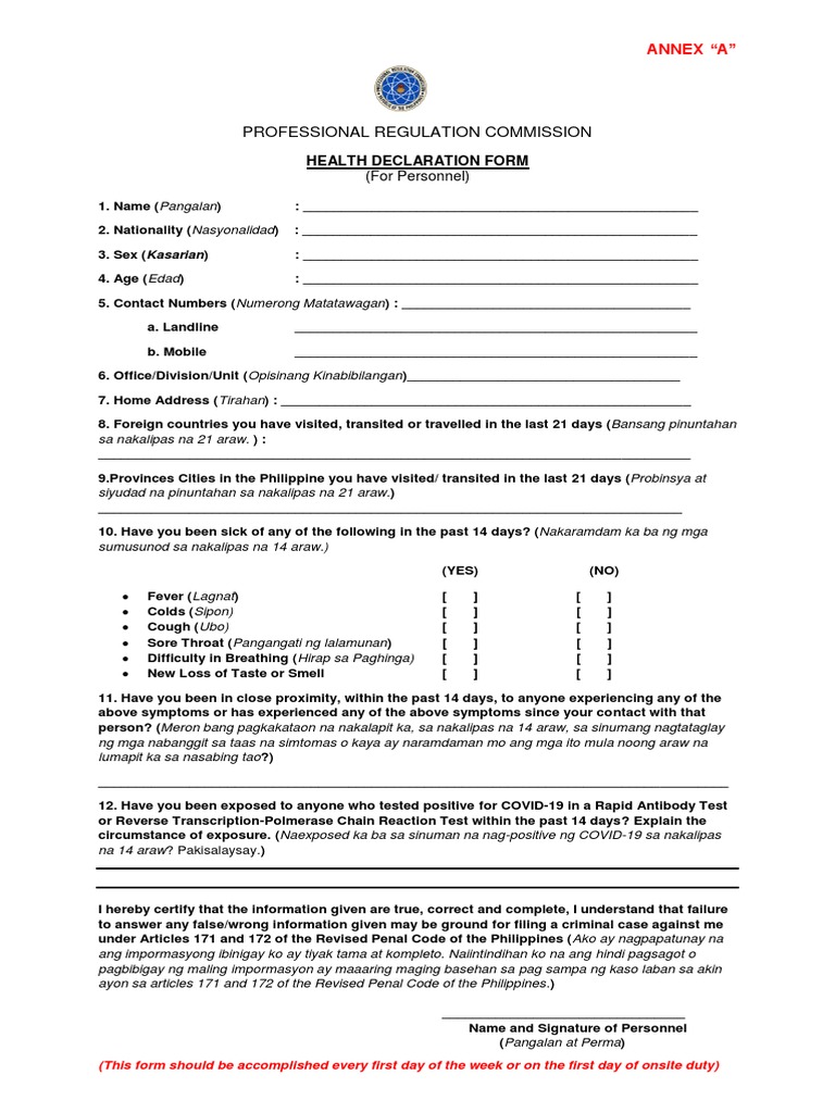 PRC Health Declaration Form for Personnel | PDF | Clinical Medicine ...