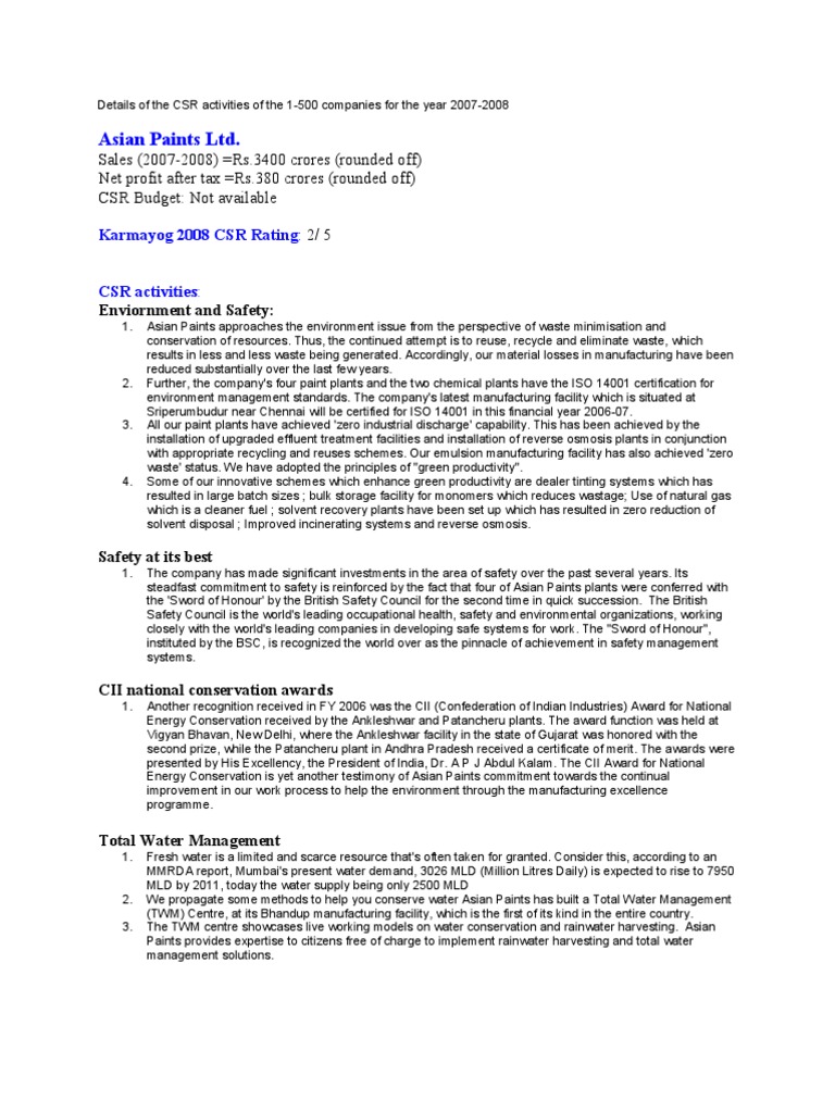 Asian Paints CSR PDF Corporate Social Responsibility Waste