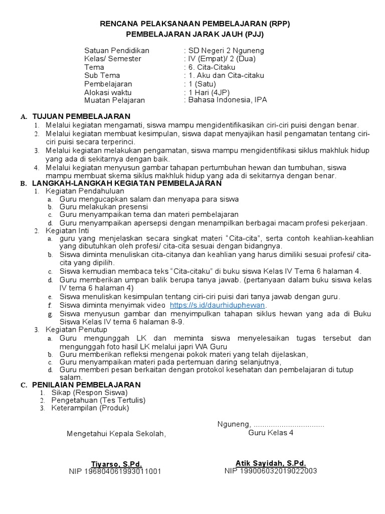RPP PJJ Kelas 4: Cita-Cita dan Puisi | PDF