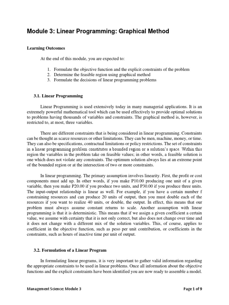 Module 3: Linear Programming: Graphical Method: Learning Outcomes ...