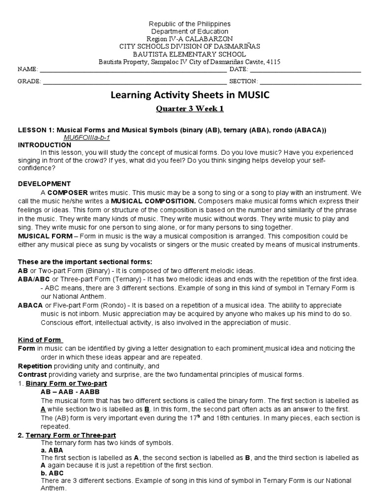 Understanding musical forms a learning activity sheet on binary