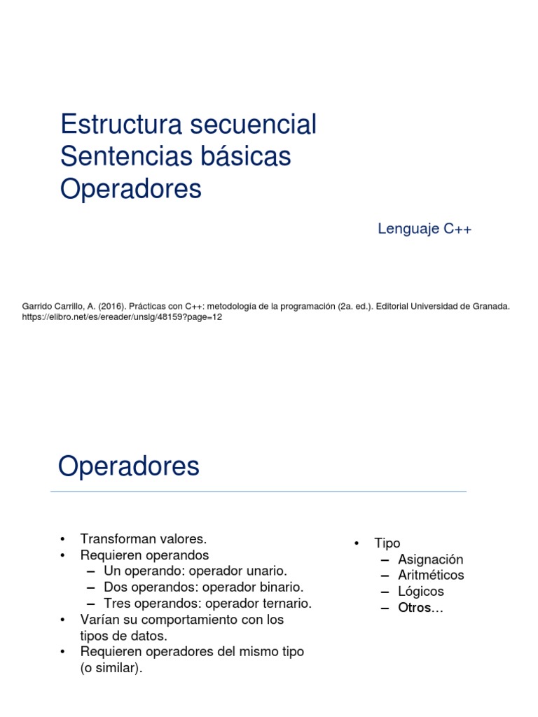 Operadores en C++: Tipos y Ejemplos | PDF | C ++ | Tipo de datos