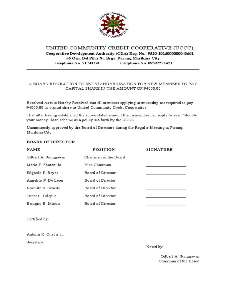 A Board Resolution To Set Standardization To New Members To Pay Capital ...