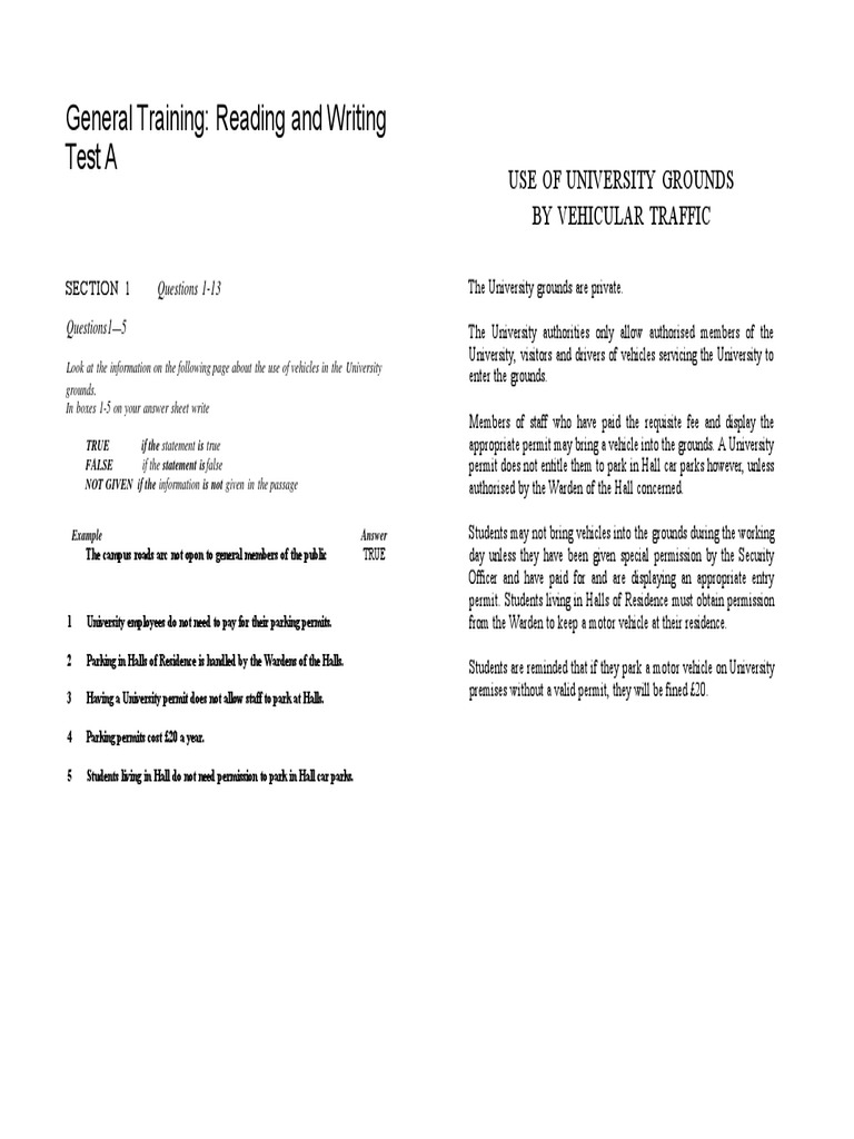 General Training Reading and Writing Test A Use of University Grounds