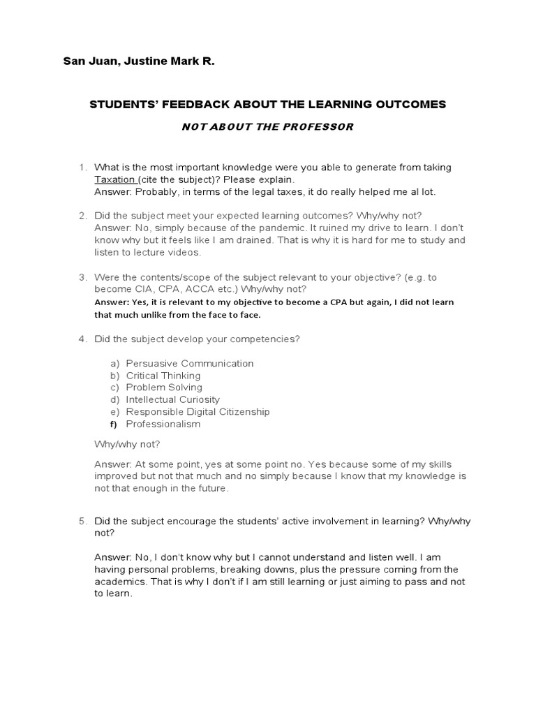 STUDENTS' FEEDBACK ABOUT THE LEARNING OUTCOMES - Canvas | PDF