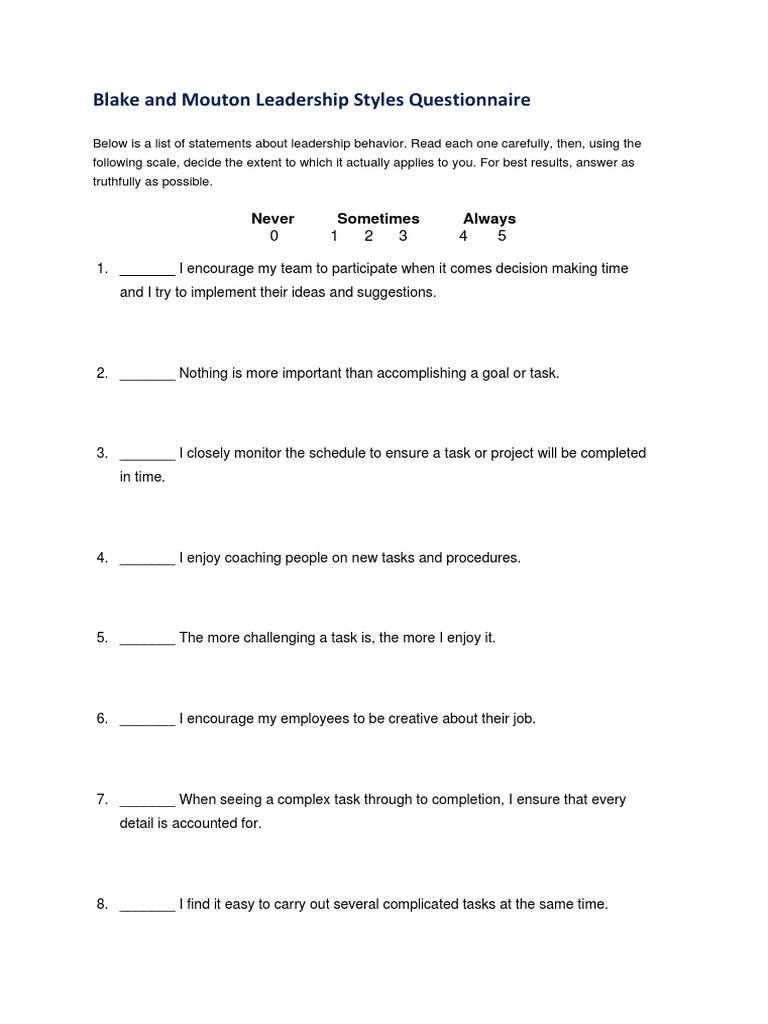 Blake and Mouton Leadership Styles Questionnaire | PDF | Leadership ...