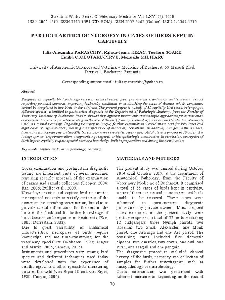 Particularities of Necropsy in Cases of Birds Kept in Captivity PDF