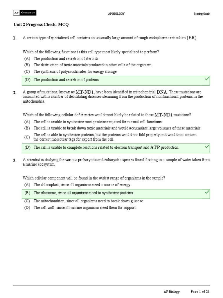 Unit 2 Progress Check MCQ Ap Biology Scoring Guide Download Free