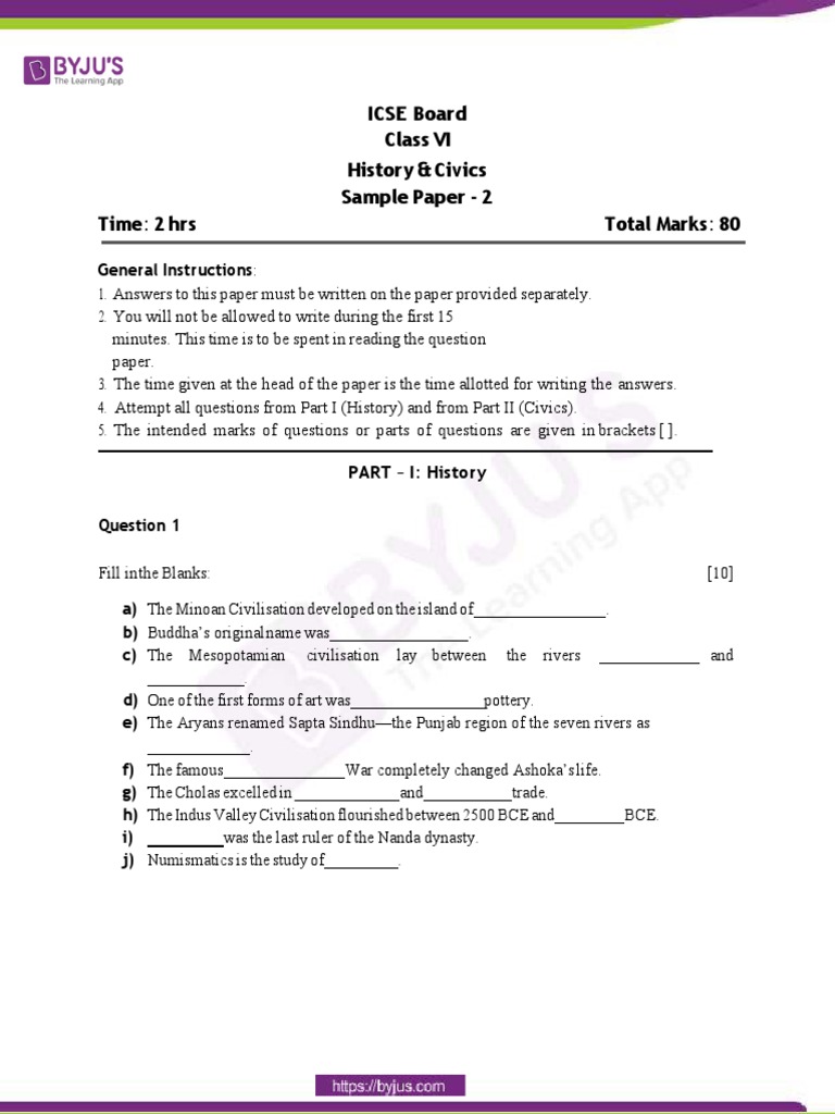 ICSE Class 6 History and Civics Sample Paper Set 2 PDF