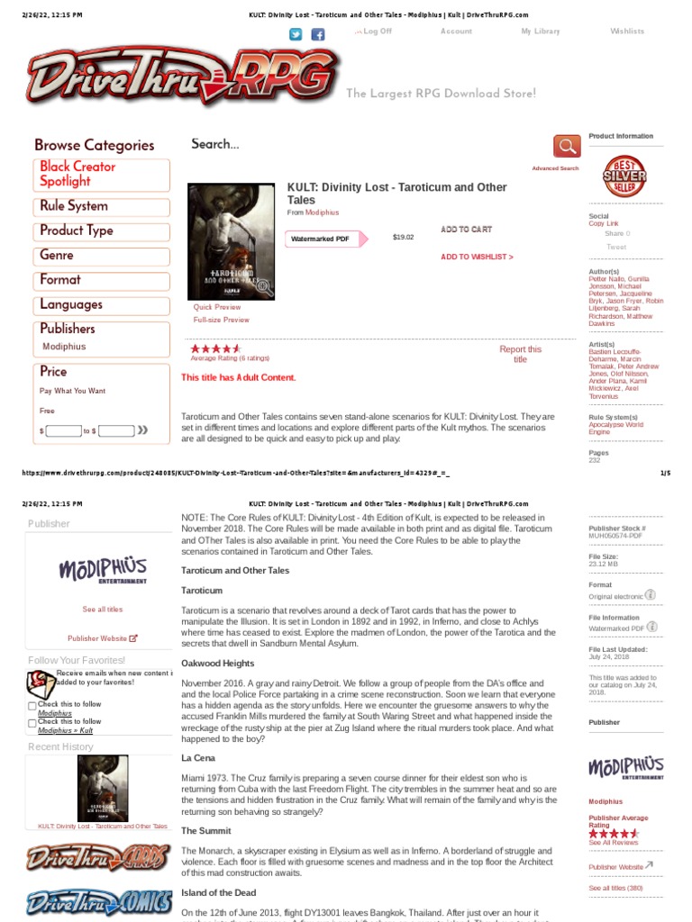 KULT - Divinity Lost - Taroticum and Other Tales - Modiphius - Kult | PDF