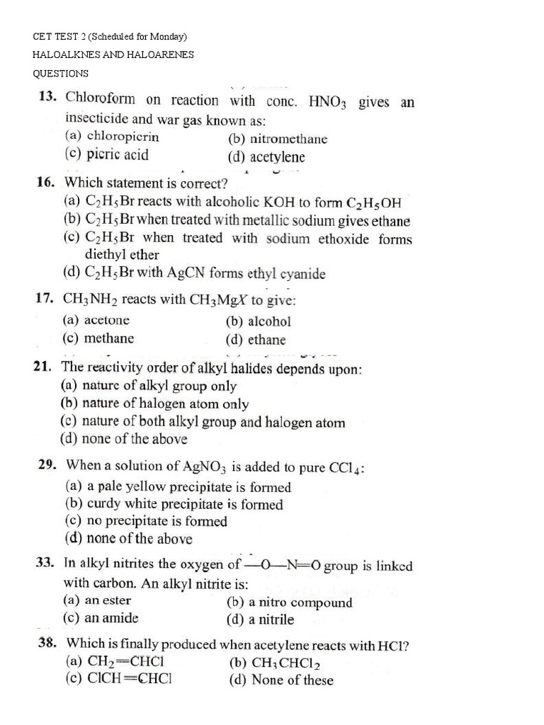 CET TEST 2 (Scheduled For Monday) Haloalknes and Haloarenes Questions | PDF