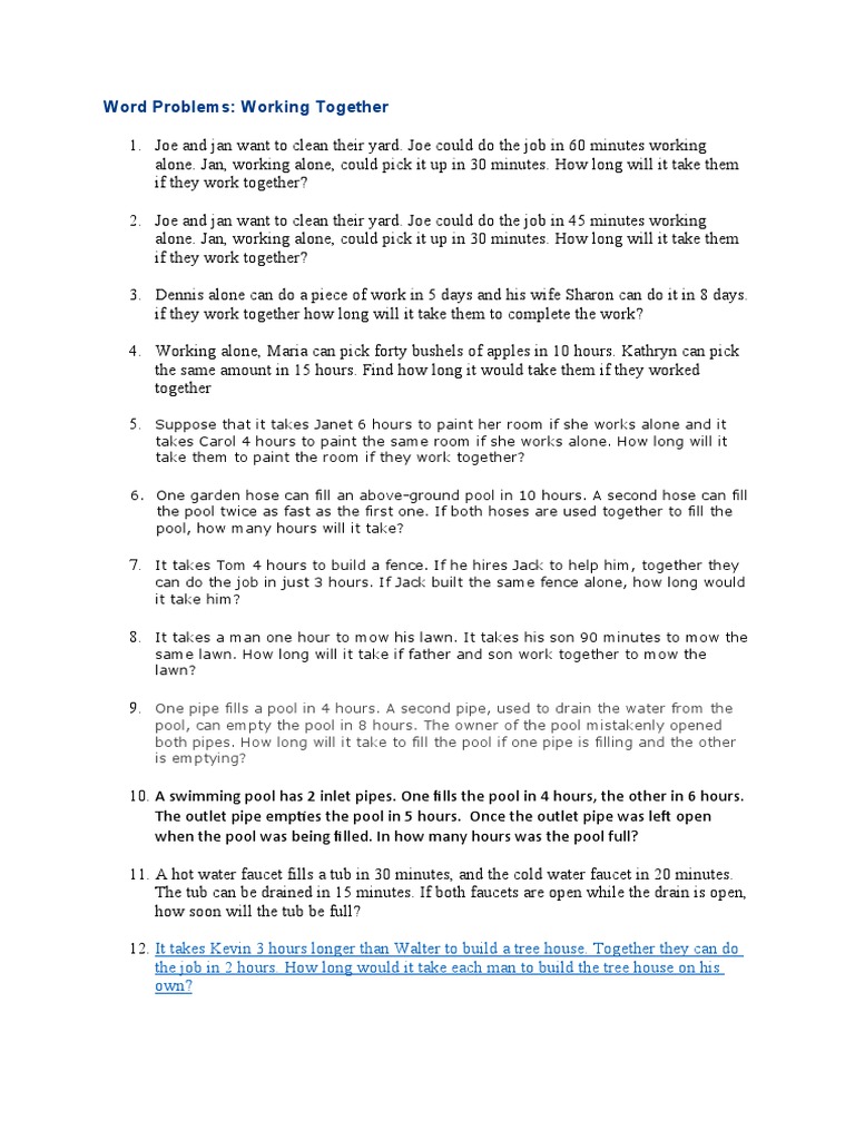 Working Together - Work Time Word Problems | PDF | Language Arts ...