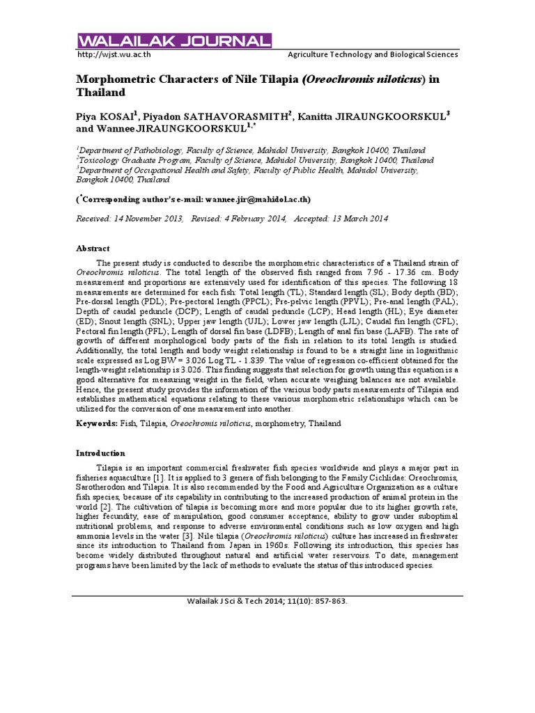 Morphometric Characters of Nile Tilapia Oreochromi | PDF | Aquaculture ...