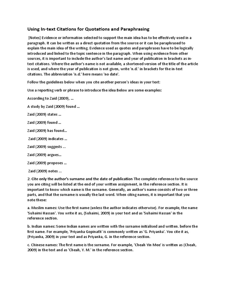 Using In-Text Citations For Quotations and Paraphrasing | PDF ...