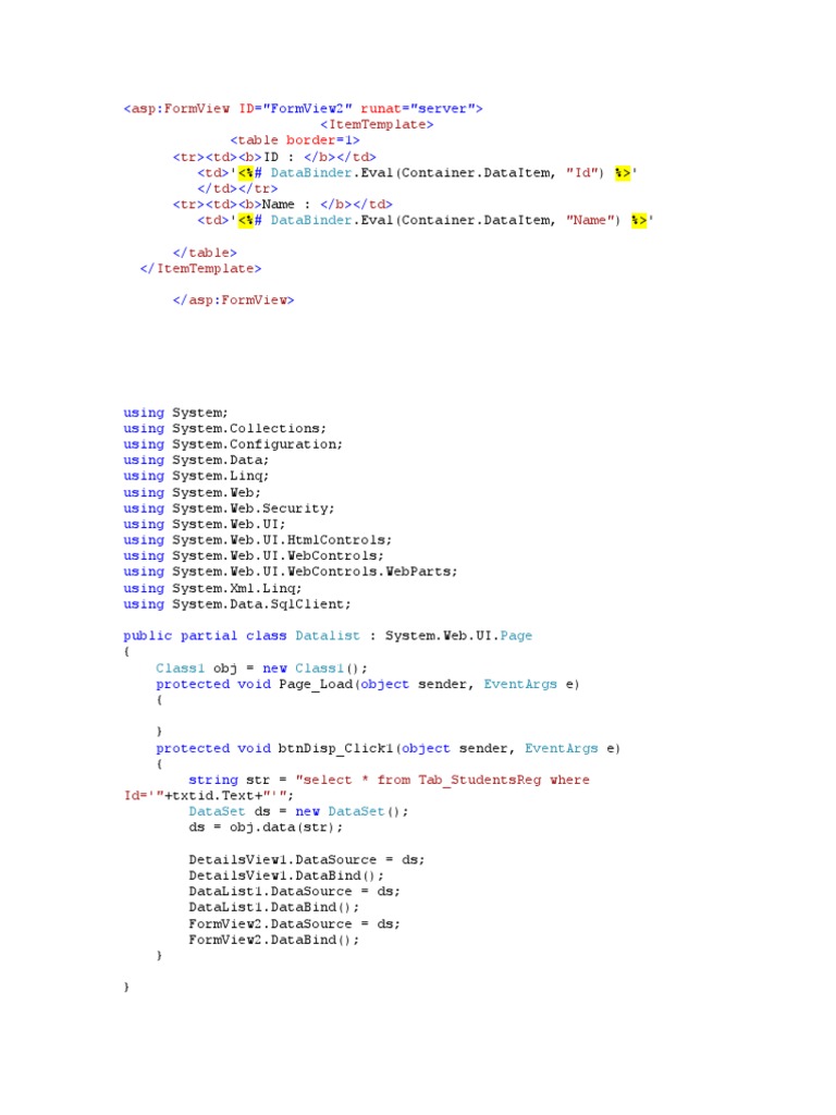 ASP.NET FormView Data Binding Example | PDF