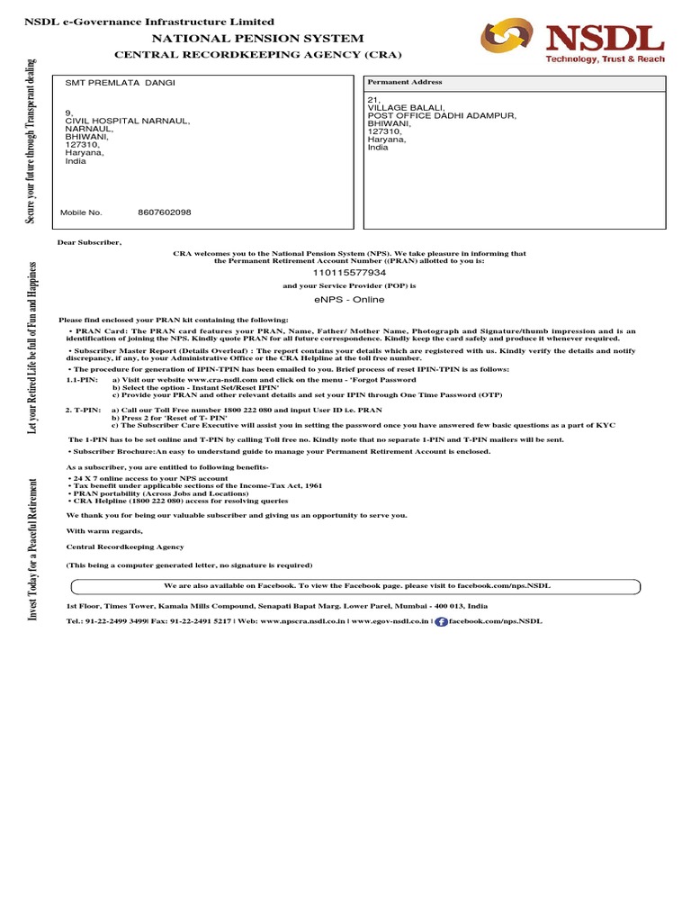 National pension system nsdl e governance infrastructure limited pdf