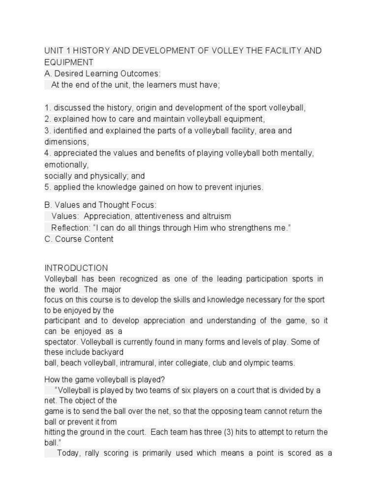 Unit 1 History and Development of Volley The Facility and Equipment ...