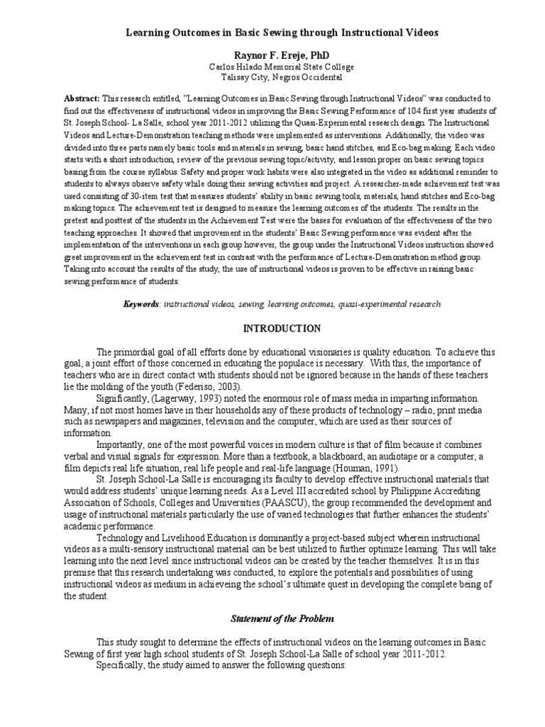 Learning in Basic Sewing Through Instructional Videos PDF