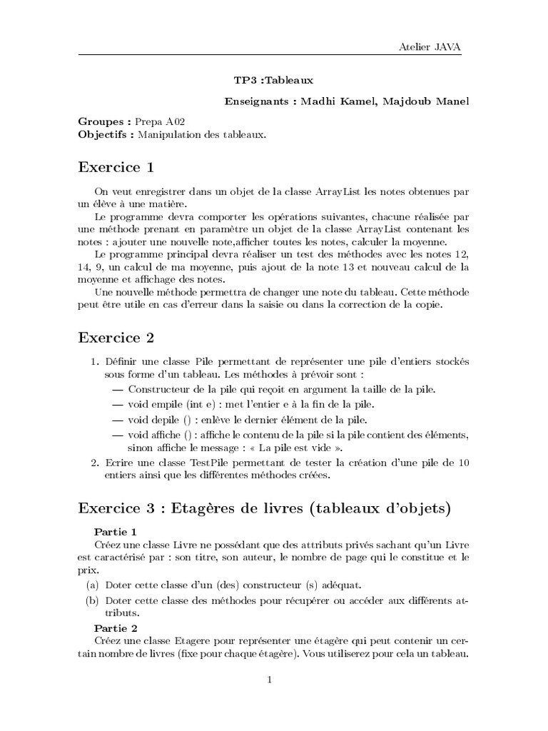 Atelier JAVA : Manipulation de Tableaux | PDF | Constructeur ...