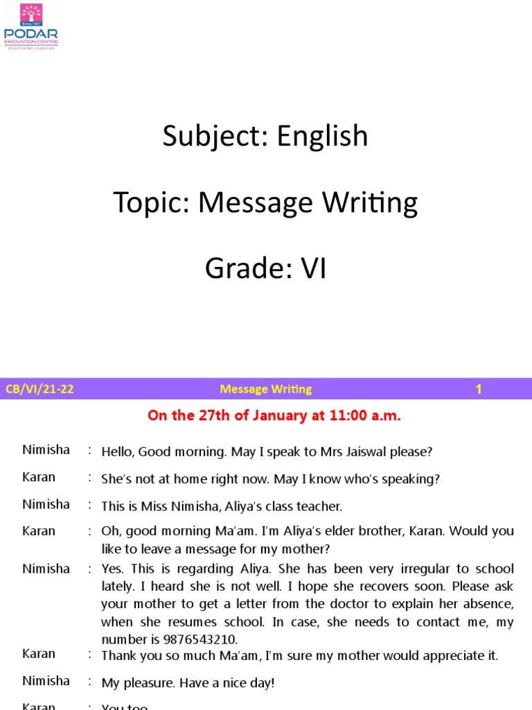 Message Writing for Class VI | PDF