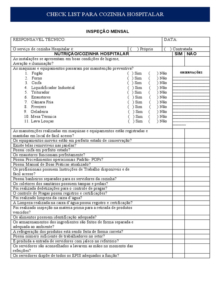 Check List Cozinha Hospitalar | PDF