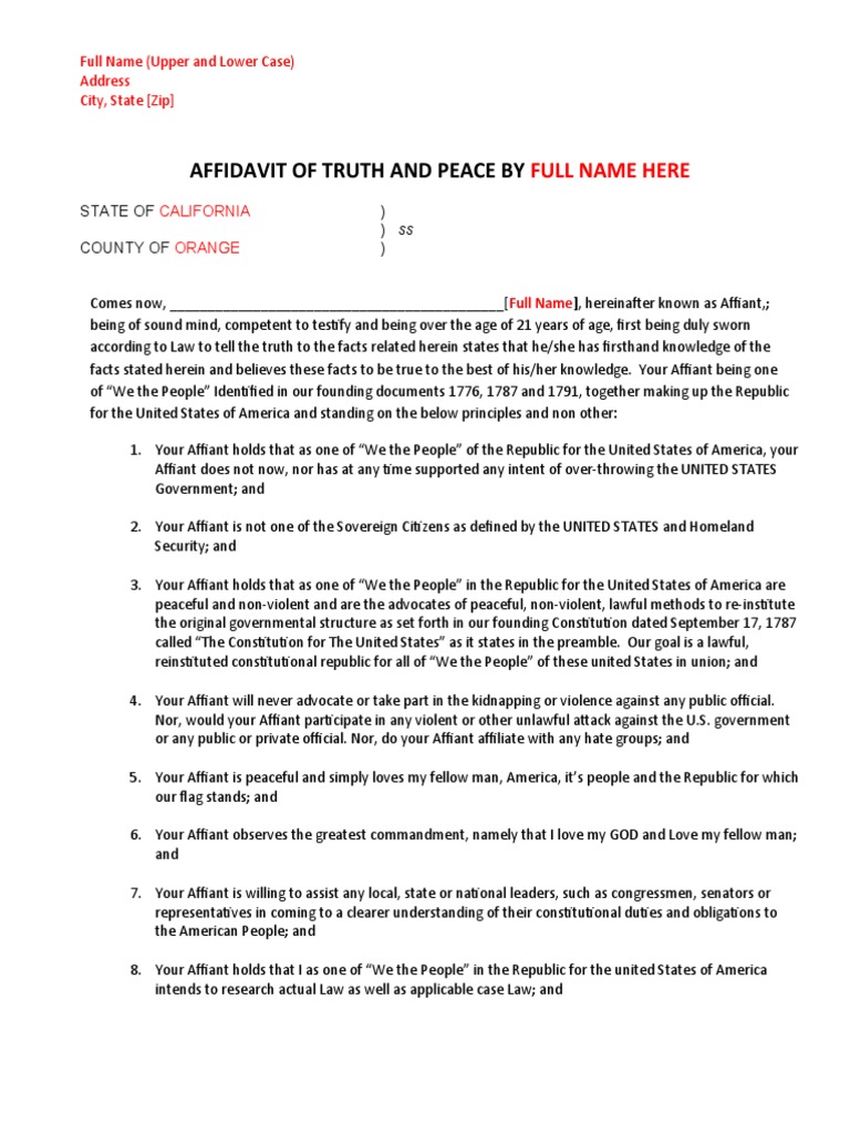 Affidavit of Truth and Peace PDF Affidavit United States Bill Of