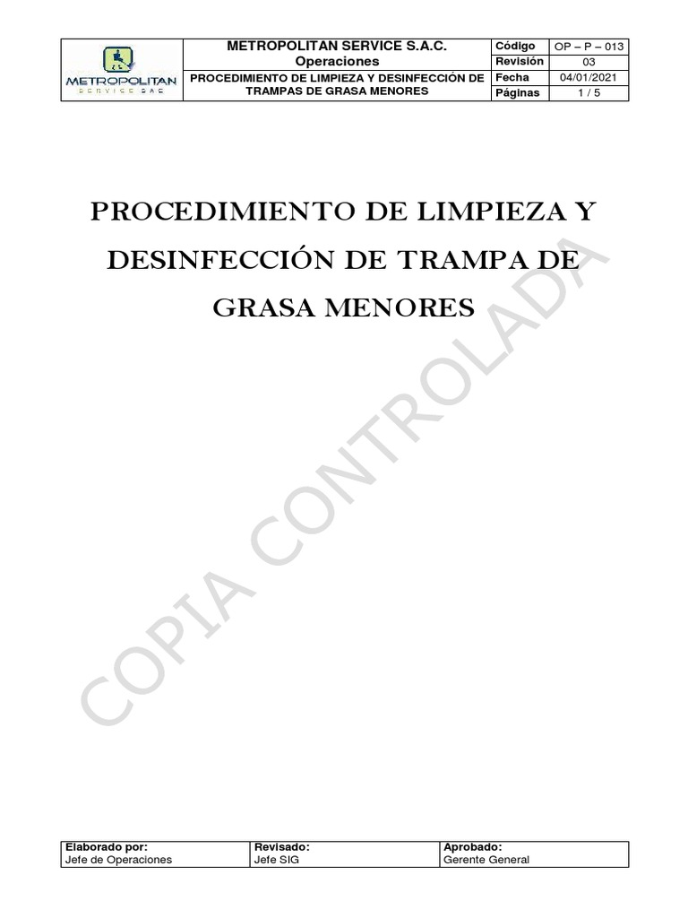 OPP013 Procedimiento de Limpieza y Desinfección de Trampas de Grasa