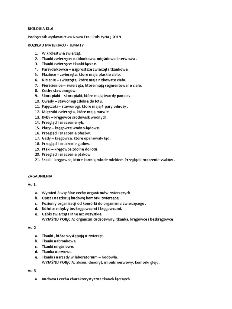 Sprawdzian Biologia Puls życia 1 świat Kręgowców
