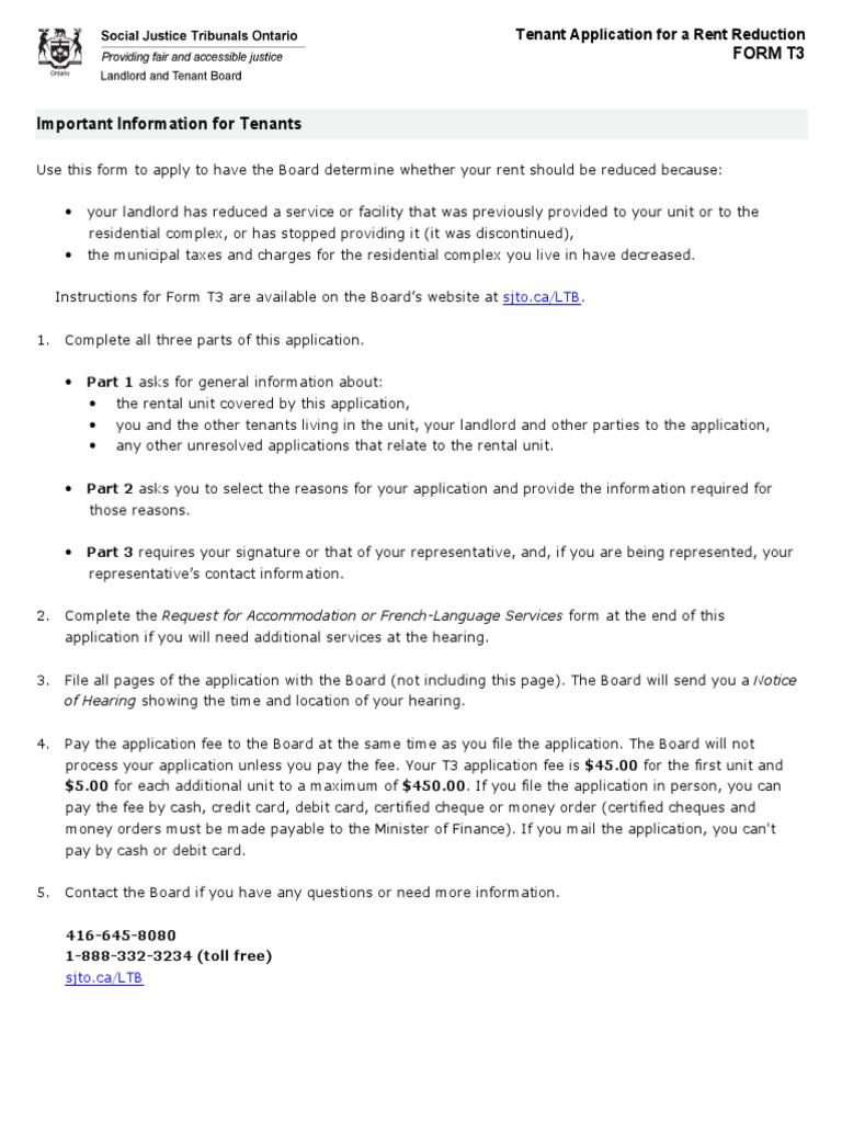Tenant Rent Reduction Application Form T3 | PDF | Leasehold Estate ...