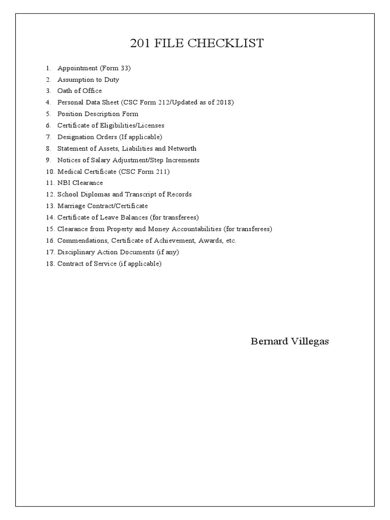 201 File Checklist: Bernard Villegas PDF