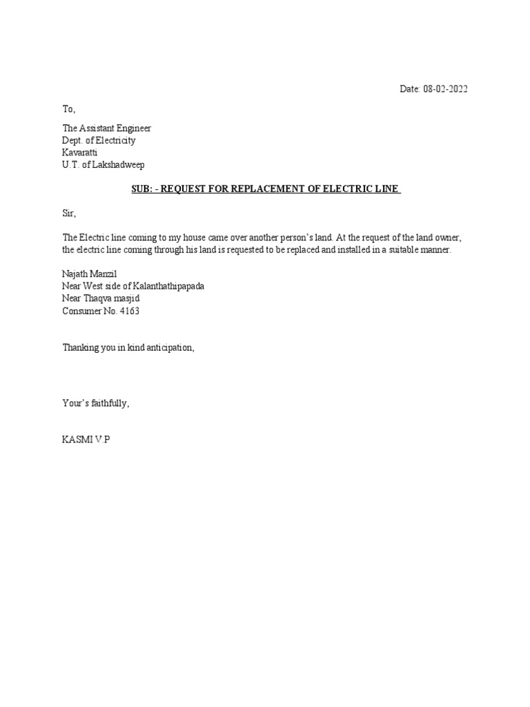 Sub: - Request For Replacement of Electric Line | PDF