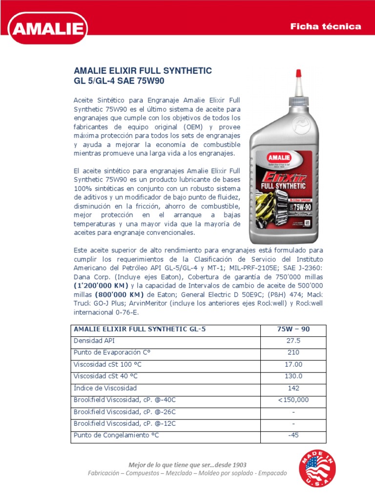 Amalie Elixir Full Synthetic GL-5, GL-4 Sae 75W-90 | PDF | Engranaje ...