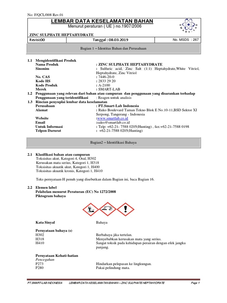 MSDS Zinc Sulphate Heptahydrate (Indo) PDF
