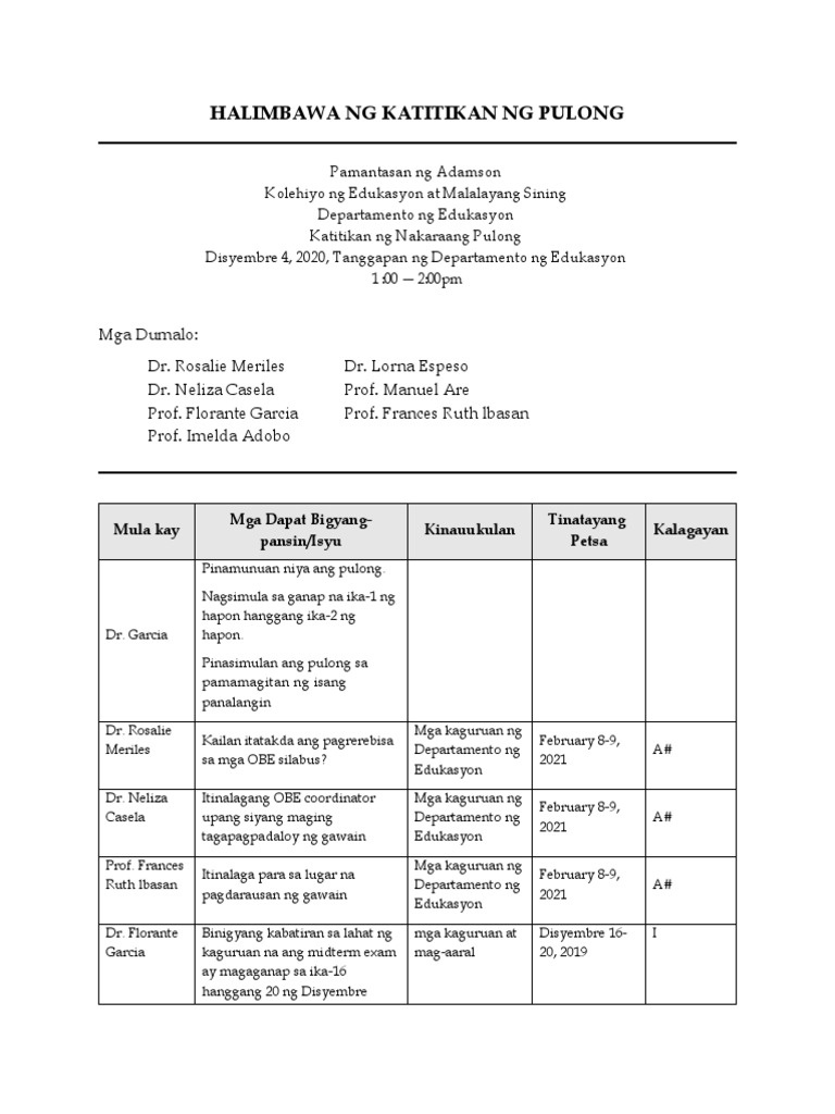 Halimbawa NG Katitikan NG Pulong | PDF
