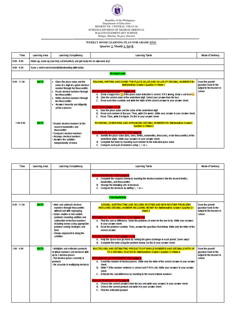 2nd Quarter - 1st Month - Weekly Home Learning Plan | PDF | Numbers ...