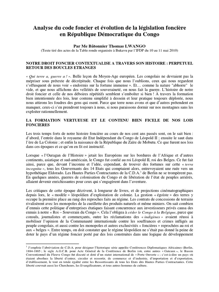Analyse du Code Foncier en RDC | PDF | République démocratique du Congo ...