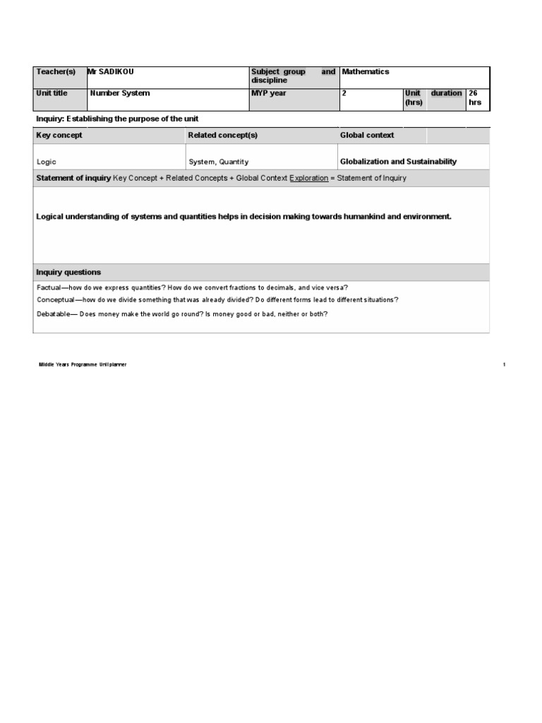 Unit Plan Math Myp2 1st MP | PDF | Numbers | Multiplication