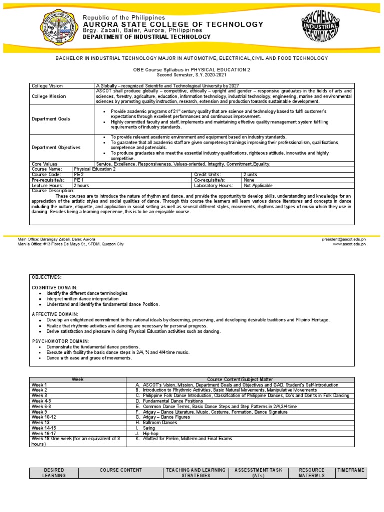 Pe 2 Course Syllabus | PDF | Dances | Science