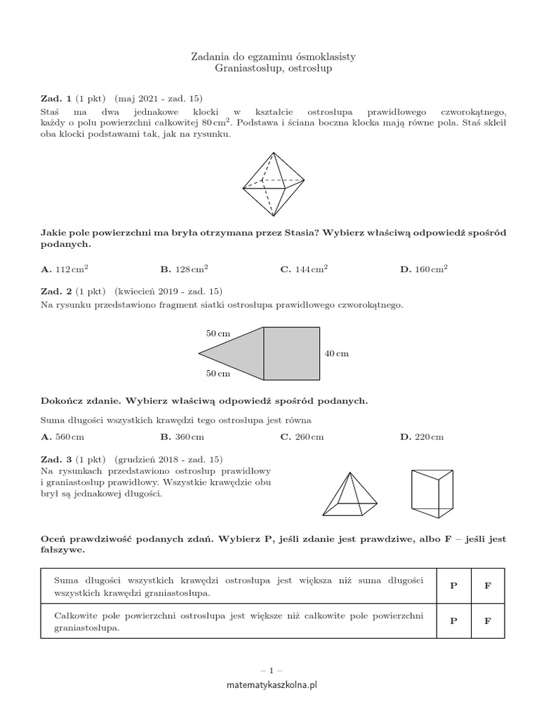 Graniastosłupy I Ostrosłupy Sprawdzian 3 Gimnazjum Pdf