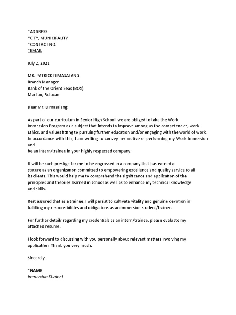 Work Immersion Application Letter | PDF