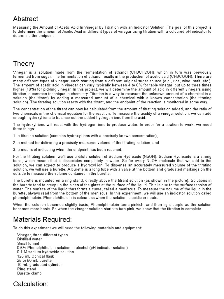 Determining the Acetic Acid Content of Various Vinegars Through Acid