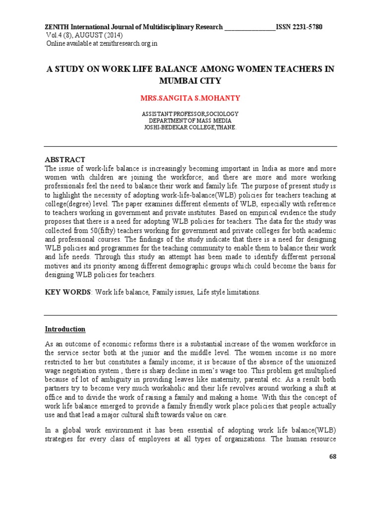 A Study On Work Life Balance Among Women Teachers in Mumbai City | PDF ...