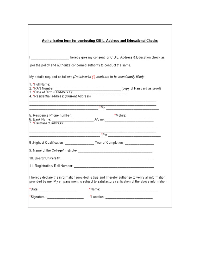 CIBIL Consent and Authorization Form | PDF