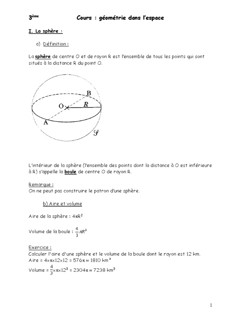 Sphère Et Boule 3ème Exercice Avec Corrigé Cours Espace | PDF | Rayon (géométrie) | Latitude