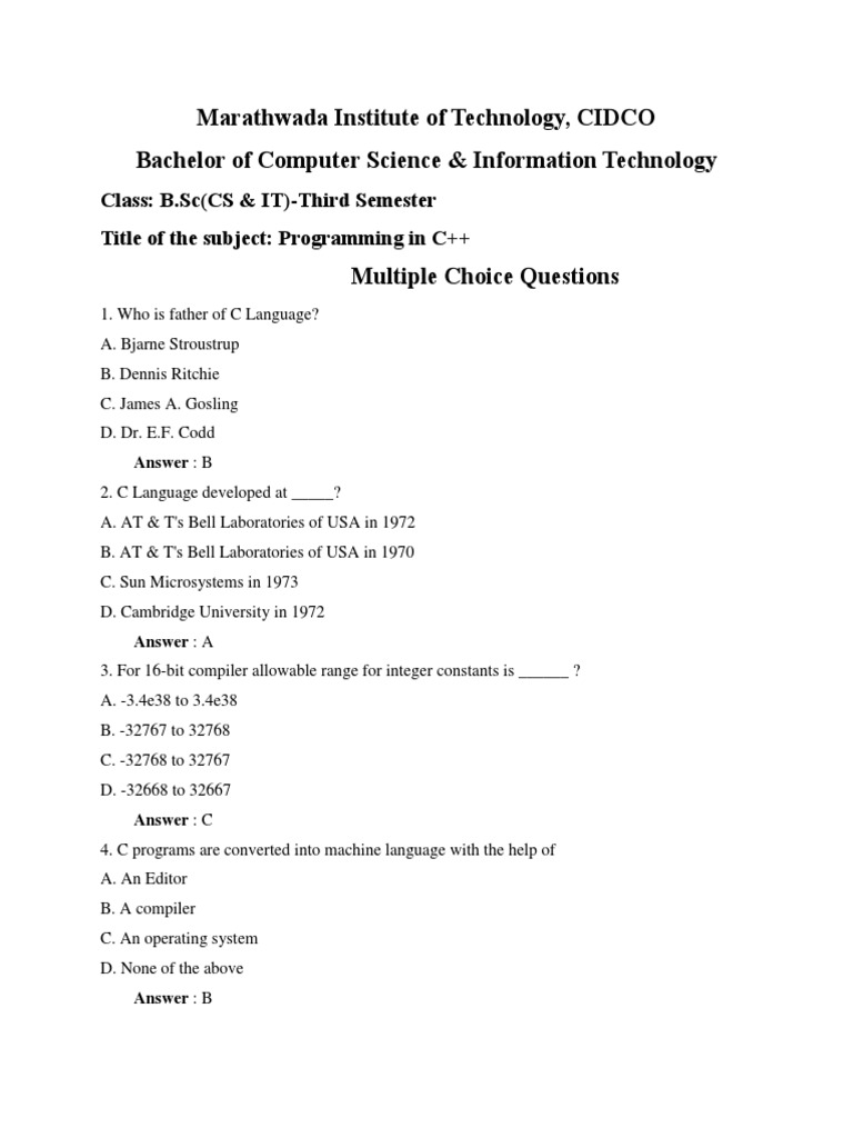 C++ MCQ PDF Subroutine Array Data Structure