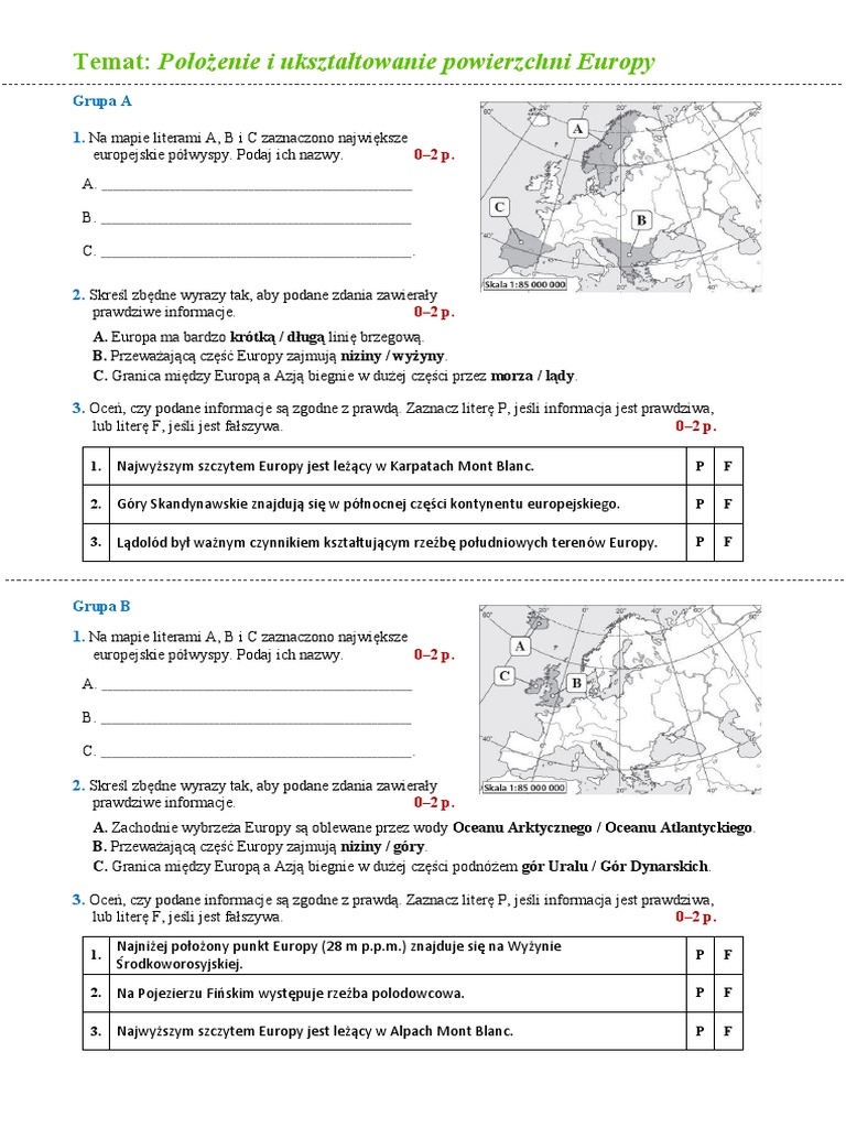 Kartkówka Z Geografii Klasa 7 Ukształtowanie Powierzchni Polski Kartkowka Polozenie I Uksztaltowanie Powierzchni e | PDF