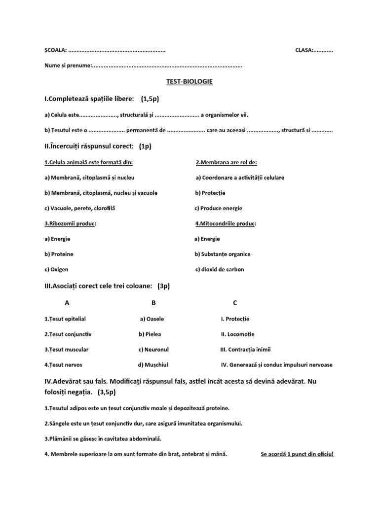 Test Cls - VI CELULA, ȚESUTURI, ORGANISMUL ANIMAL | PDF