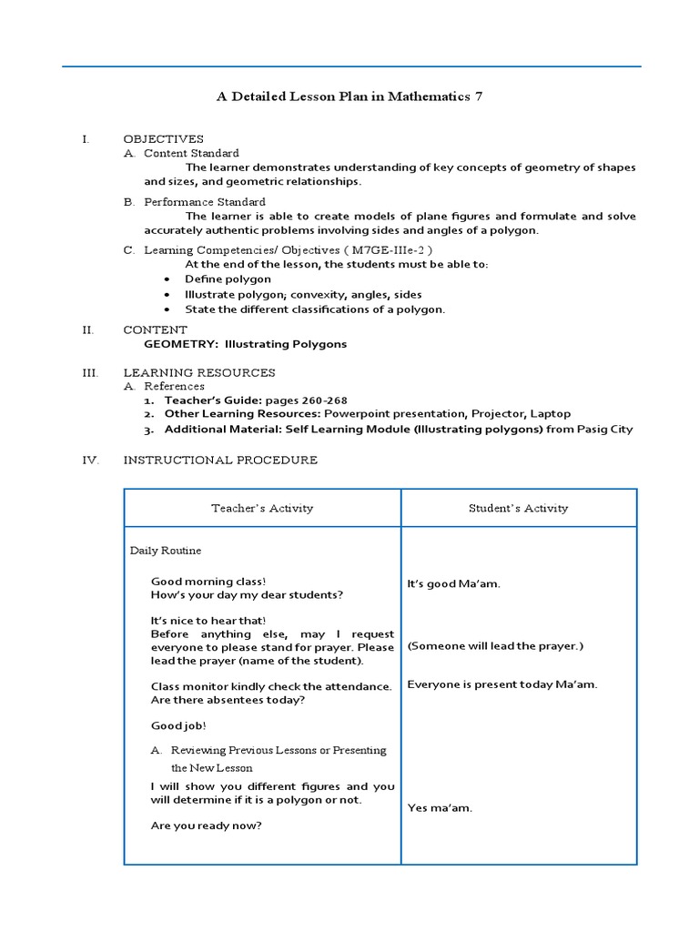A Detailed Lesson Plan in Mathematics 7: GEOMETRY: Illustrating ...