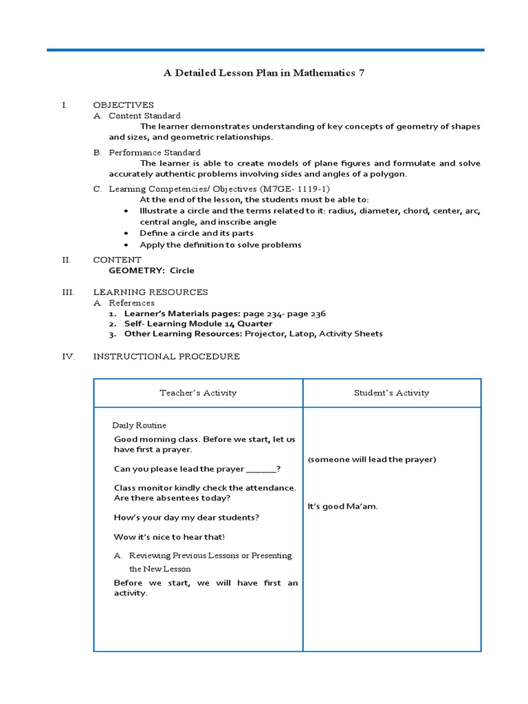 Grade 7 Circle Geometry Lesson Plan | PDF | Circle | Angle